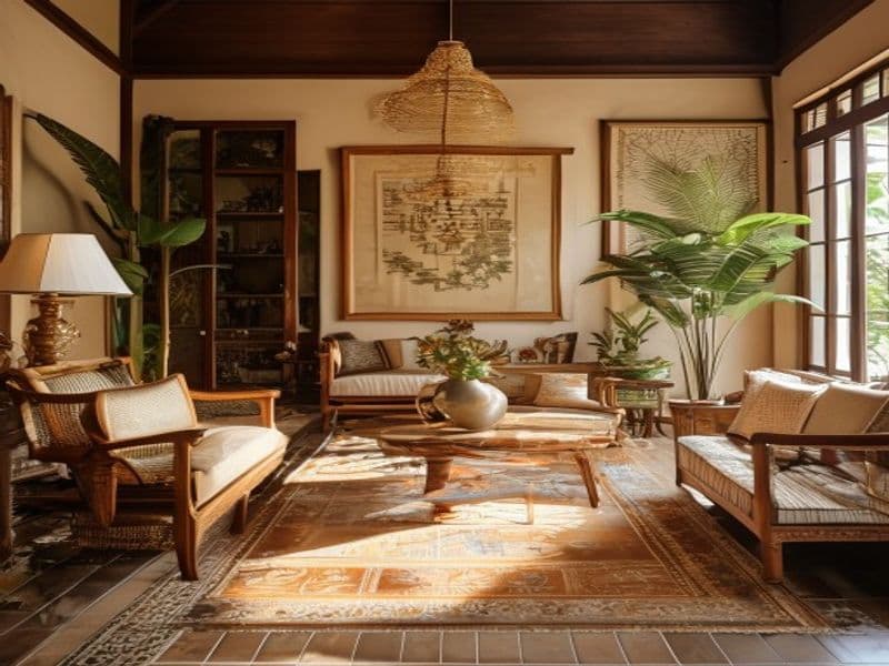 Phong cách Indochine Việt cổ điển với gỗ ấm và mây tre